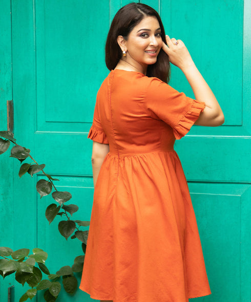 Orange Bell Sleeve Linen Midi Dress